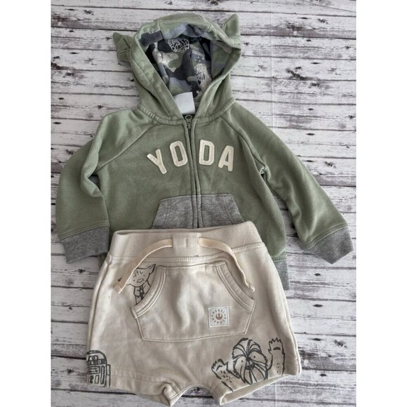 GAP Other - Yoda Star Wars Zipper Hoodie Baby Gap 3-6M Sweatshirt Top with Ears & Shorts Set